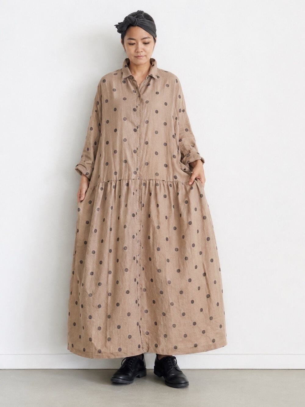 ICHI Antiquites Embroidered Polka Dots Shirt Dress OS Lagenlook 100% Linen Maxi
